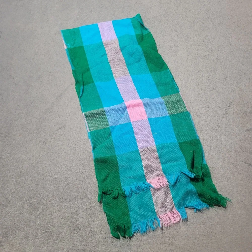 Plaid Checkered Scarf Unisex Green Blue Pink Fringe Vibrant Cozy Boho Scarf